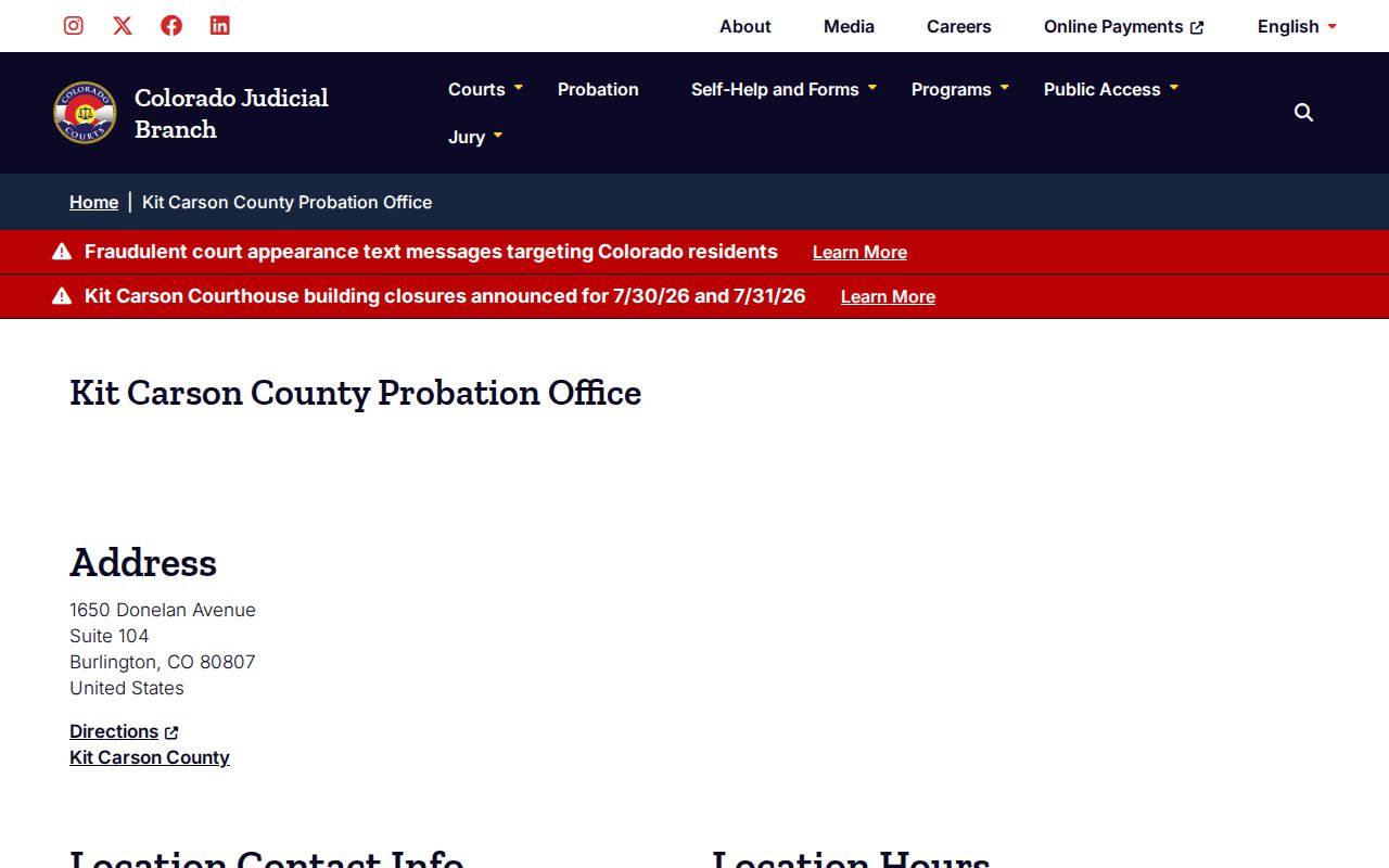 Kit Carson County probation office official location and contact information