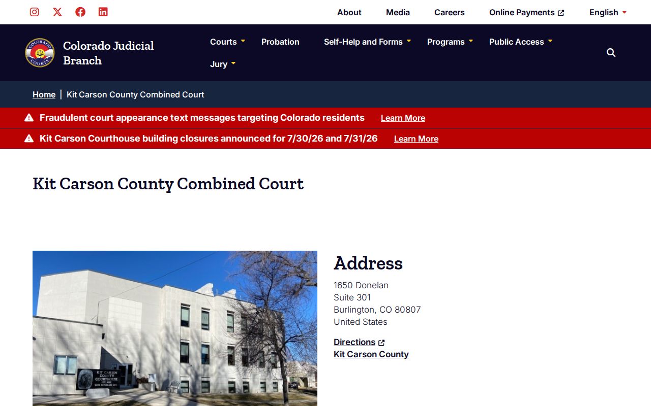 Kit Carson County Combined Court building and official contact card