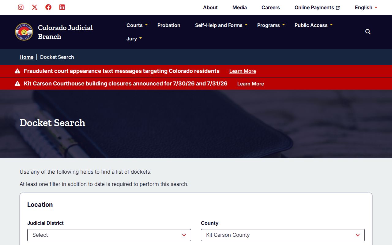 Colorado Judicial docket search filtered for Kit Carson County criminal cases