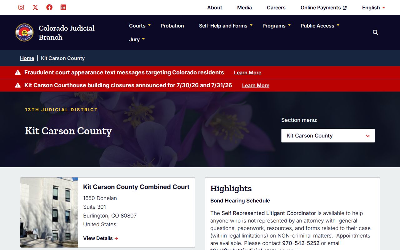 Kit Carson County trial court contact and record check information