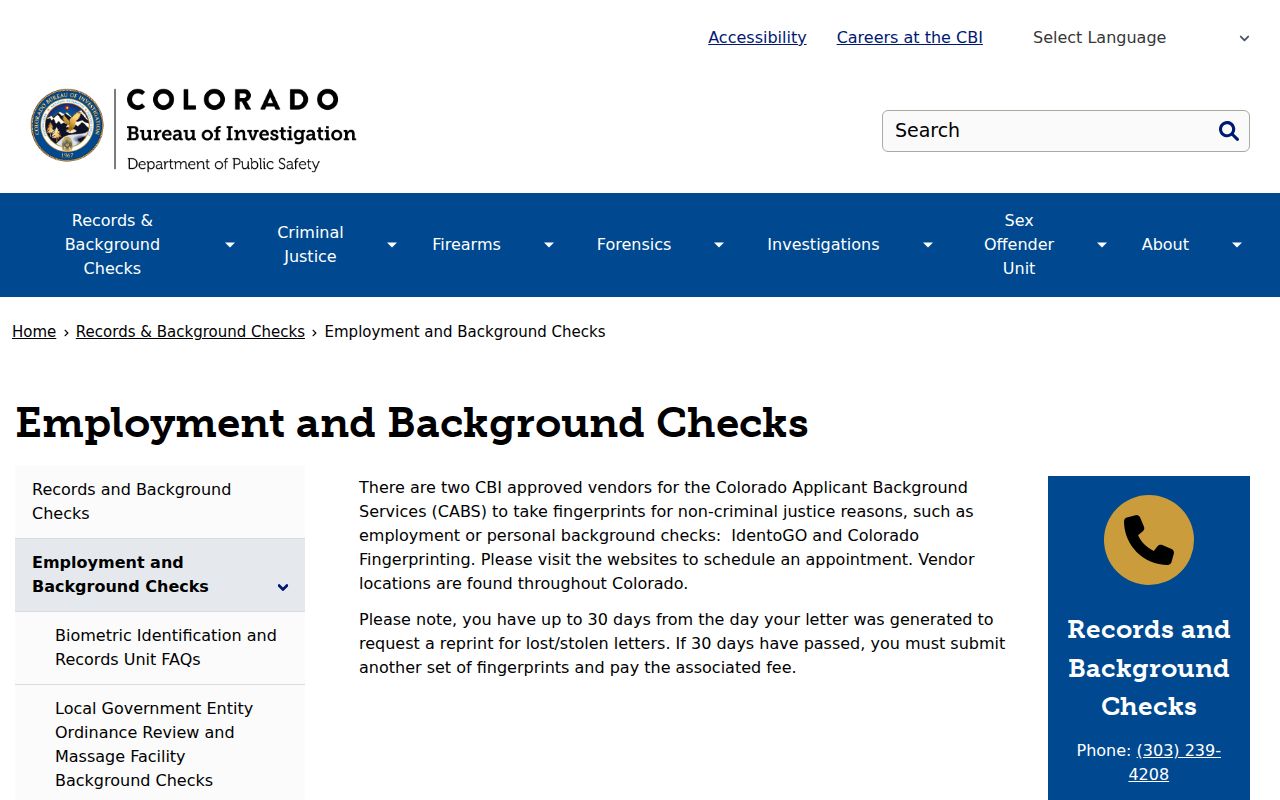 Kit Carson County criminal history Colorado CABS fingerprint channel